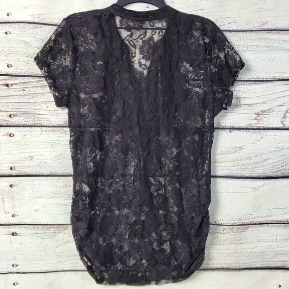 Maurices Black Lace Sheer Blouse XL Short Sleeve Ruffle Neck Floral Mesh Stretch - Picture 4 of 8
